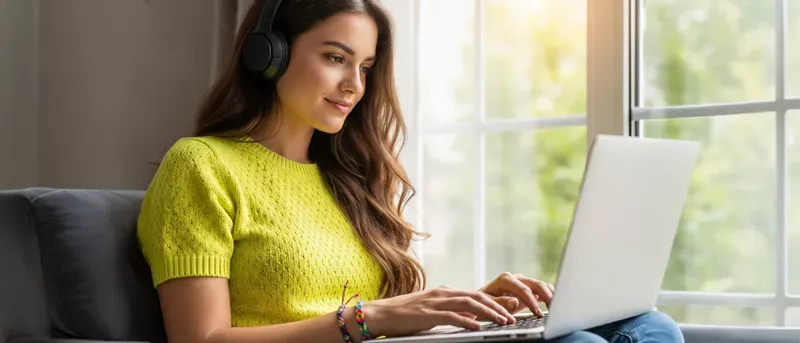 A woman wearing a bright yellow sweater and headphones sitting by a sunny window while typing on a laptop.